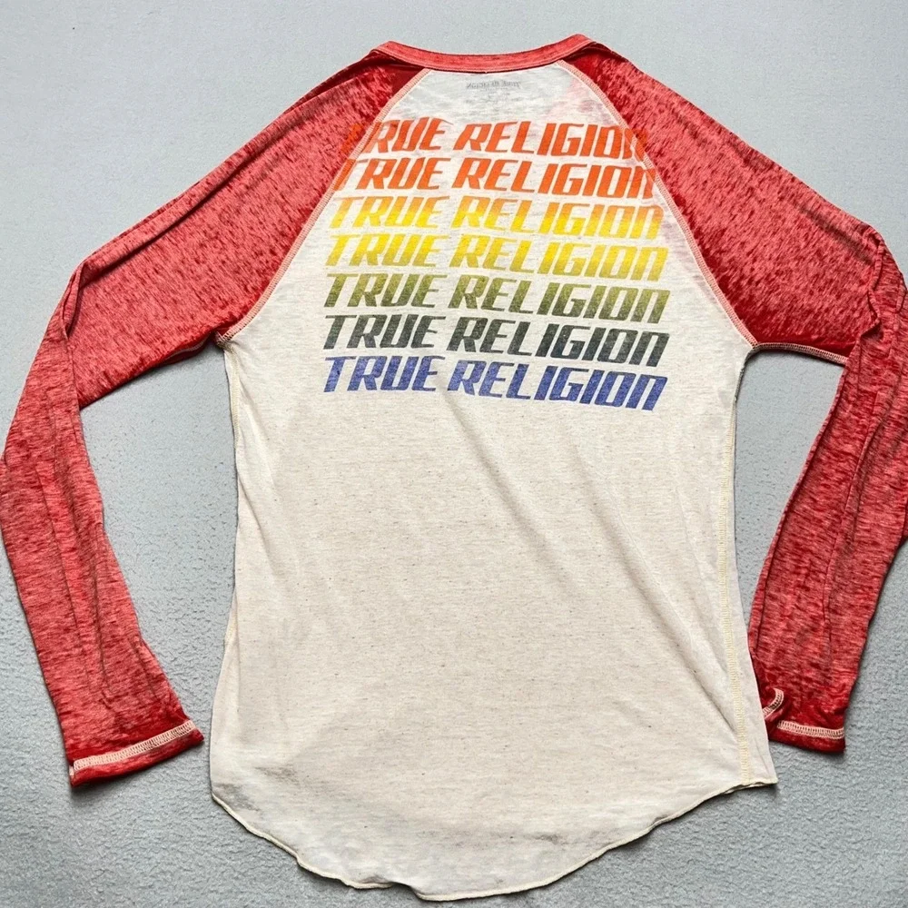 VTG Y2K True Religion Muscle Car Henley Burnout‎ Raglan Rainbow Logo USA L